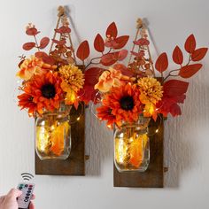 two vases with flowers are hanging on the wall next to a remote control that is connected to it