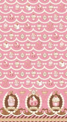 a pink and brown wallpaper with cupcakes on it