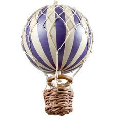 a blue and white striped hot air balloon hanging from a roped wire basket on a white background