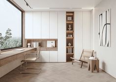 a room with a desk, chair and bookshelf next to a large window