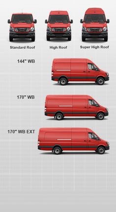 the different types of red vans are shown in this graphic diagram, with each vehicle's size and width