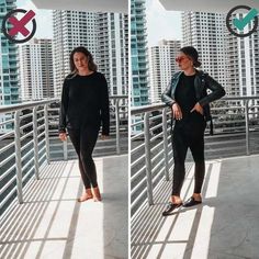 two photos of a woman standing on a bridge in front of tall buildings and wearing black