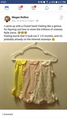 two baby ones hanging on a wall with the caption'i came up with a closet feeling like a genius for selling them to store the million dollars of clothes