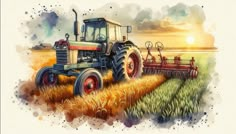 a painting of a tractor in the middle of a field with a sunset behind it