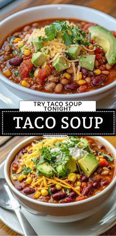 two white bowls filled with taco soup on top of a wooden table