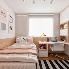 a bedroom with a bed, desk and chair