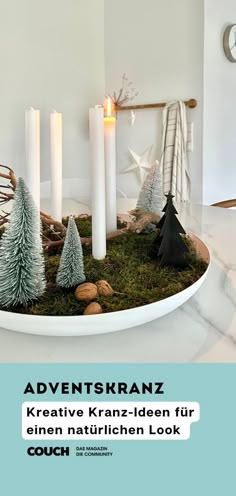 an advertisement with candles and christmas trees in the center on a platter that reads, adventskranz kreave kanz - ladenen fur sinnen nattrion look