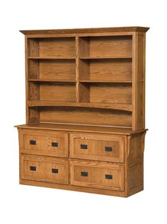 a large wooden bookcase with drawers underneath it