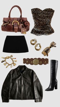 a woman's clothing and accessories including boots, purses, hats, gloves