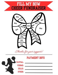 a flyer for a cheer fundraiser event with a bow and money bill on it's side