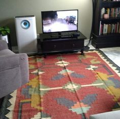 a living room with a couch, television and bookshelf on the floor in front of it