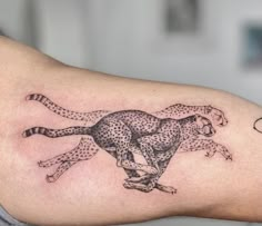 a cheetah tattoo on the arm of a person's arm, showing it is