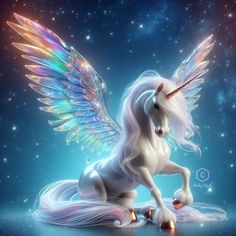 a white unicorn with wings sitting on the ground in front of some stars and blue sky