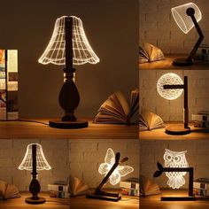 an owl lamp is lit up on top of books