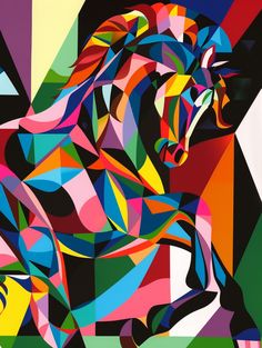 a painting of a horse with multicolored lines