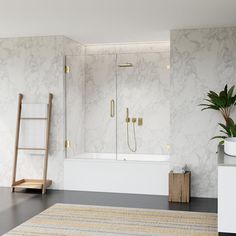 a bathroom with marbled walls and flooring next to a bathtub in the corner