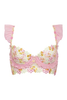 Fluttery chiffon ruffles pair perfectly with butterfly embroidery on this ultra-femme, cropped top. FOR LOVE & LEMONS FOR VICTORIA'S SECRET: An exclusive collaboration that blends dreamy confidence with thoughtful detailing, giving each piece a unique and feminine feel. Sunset Butterfly, Butterfly Embroidery, Pink Bra, Dream Clothes, Looks Vintage, Underwire Bra, Cropped Top, Cute Tops, For Love