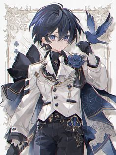 an anime character with black hair and blue eyes, holding a bird in his hand