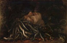 a painting of a man laying on the ground with his head in an octopus's mouth