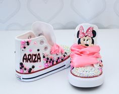 How adorable are these Minnie Mouse inspired converse! The perfect shoe to complete the look! Please leave your name needed in the notebox during checkout Visit the tutu section or search bar for the matching outfit! If you are unsure of sizing please scroll to the last photos for our size charts, or visit our size charts here--> https://pinktoesnhairbows.com/pages/size-chart All sales are FINAL, Ship dates can be found directly on the listing, please view our policies in detail here---> https://pinktoesnhairbows.com/pages/policies-terms-conditions Minnie Mouse Converse, Minney Mouse, Customized Converse, Minnie Mouse Shoes, Bedazzled Shoes, Tutu Dress Costumes, Bling Converse, Pink Toes, Girls Overalls