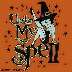 an orange t - shirt with the words under my spell and a witch on it