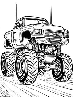 a monster truck driving down the road with big wheels on it's tires coloring page