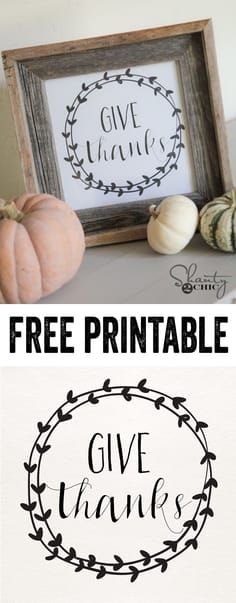 the free printable give thanks sign is displayed next to pumpkins and other decorations