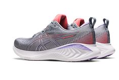 women's asics running shoe in grey and pink with white outs, side view