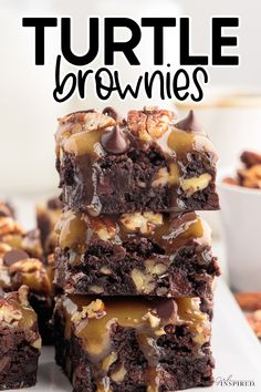 chocolate turtle brownies stacked on top of each other