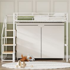 a white bunk bed sitting on top of a hard wood floor next to a ladder