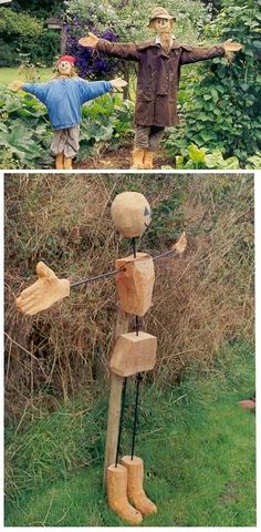 two pictures of wooden figures in the grass and one is holding hands out to another person