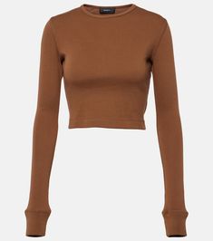 x Hailey Bieber jersey crop top in brown - Wardrobe NYC | Mytheresa Hailey Bieber Clothes, Stretch Elastane Cropped Tops, Fitted Crop Top For Fall, Sporty Crew Neck Crop Top In Elastane, Sporty Crew Neck Elastane Crop Top, Trendy Fall Crop Top, Seamless Crew Neck Elastane Crop Top, Seamless Fitted Elastane Crop Top, Fitted Seamless Elastane Crop Top