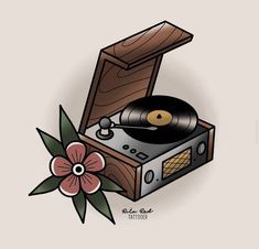 an old - fashioned record player with a flower on the side