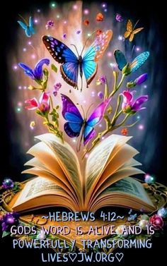 an open book with butterflies flying out of it and the words hebrew's 42 - god