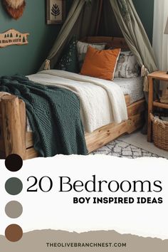 the bedroom is decorated in green and brown tones