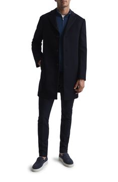 A soft and warm wool blend elevates a handsome overcoat with versatile appeal. 37" length (size Medium) Notched lapels 60% wool, 22% viscose, 18% nylon Dry clean Imported Timeless Long Coat For Winter, Tailored Business Outerwear With Pressed Crease, Modern Outerwear With Notch Lapel And Pressed Crease, Winter Gabardine Pea Coat With Lapel Collar, Tailored Outerwear With Pressed Crease For Business, Timeless Wool Outerwear For Fall, Modern Outerwear With Pressed Crease And Notch Lapel, Timeless Fitted Outerwear For Fall, Modern Semi-formal Outerwear With Notch Lapel