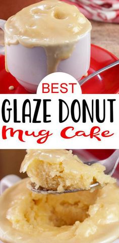 white mug on red plate with spoon on side - mug is filled with homemade glaze donut mug cake Mug Cake Microwave, Small Batch Baking, Dessert Cake Recipes, Mug Recipes