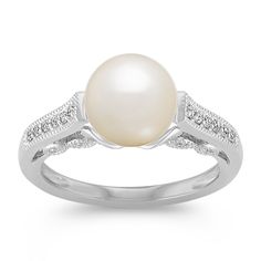 8mm Cultured Akoya Pearl and Diamond Ring Pearl And Diamond Ring, Akoya Pearls, Cultured Pearls, Fashion Rings, Round Diamonds, Diamond Ring, White Gold, Sparkle, Engagement Rings