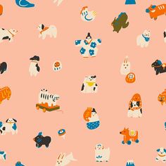 a pink background with dogs and cats in different shapes, sizes and colors on it