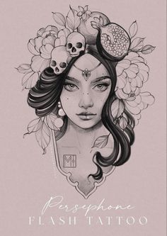 a drawing of a woman with flowers and skulls on her head, the words persplane