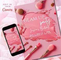 an advertisement for glam up party with makeup brushes and lipstick on pink paper next to it