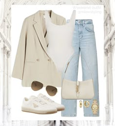 Saint Laurent 5 A 7, Michael Kors Bag Outfit, Beige Blazer Outfit, Spring Weekend Outfit, Jeans Blazer Outfit, Airplane Outfits, Prada Sneakers, New York Outfits, Frame Denim Jeans