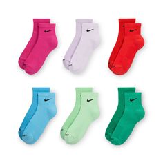 Whether it's for work, sports, or just everyday living, you need socks that are comfortable and will last. The Nike 6 Pack Unisex Everyday Plus Cushioned Quarter Socks fit the bill. Besides their cushioning, they also wick sweat, so your feet stay dry even during strenuous tasks. Fabric: Cotton, Polyester, Spandex. Quarter-cut. Moisture-wicking. Cushioned. Six pairs.