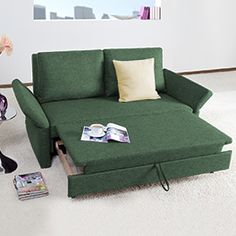 a dog sitting on the floor next to a green couch with pillows and magazines in front of it