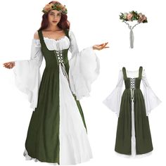 PRICES MAY VARY. Distinctive Design: Our renaissance women dress set has exquisite and delicate brocade embroideries on either side of the lacing. Front lace-up closure, adjustable shoulder straps and back lacing for a customizable fit. Trumpet long sleeves and high waist for a wonderful silhouette. Floor-length design with adjustable ties to help you achieve the perfect body fit. Our wreath crown is very comfortable to wear and doesn't demand an exclusive hair style to hold it. High-quality Fab Halloween Gown, Irish Costume, Masquerade Party Dresses, Irish Costumes, Dress Medieval, Irish Dress, Over Dress, Medieval Costume, Retro Costume