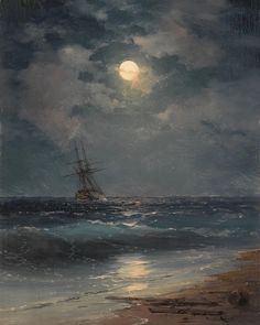 a painting of a ship in the ocean at night