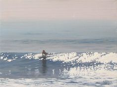 a painting of a person riding a surfboard in the ocean on a sunny day