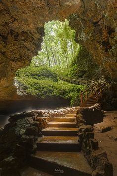 stairs lead up to the cave entrance