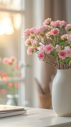 a white vase filled with pink flowers sitting on top of a table next to a laptop computer