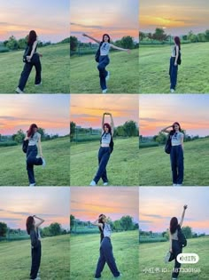 a woman standing in a field with her arms up